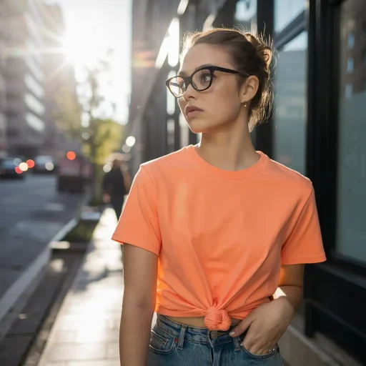 Woman in orange t-shirt wearing glasses